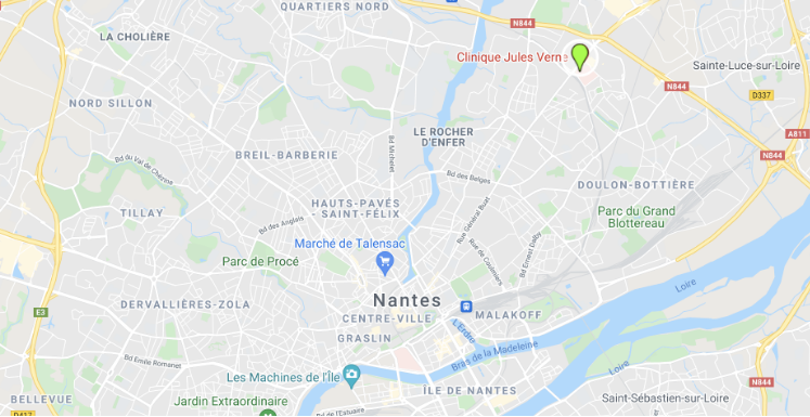 Carte Nantes avec la localisation de la clinique Jules Verne